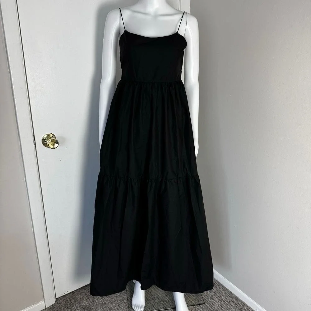 Commense Boho Pleated Solid Black Backless Tiered Evening Cocktail Maxi Dress S - Picture 4 of 13